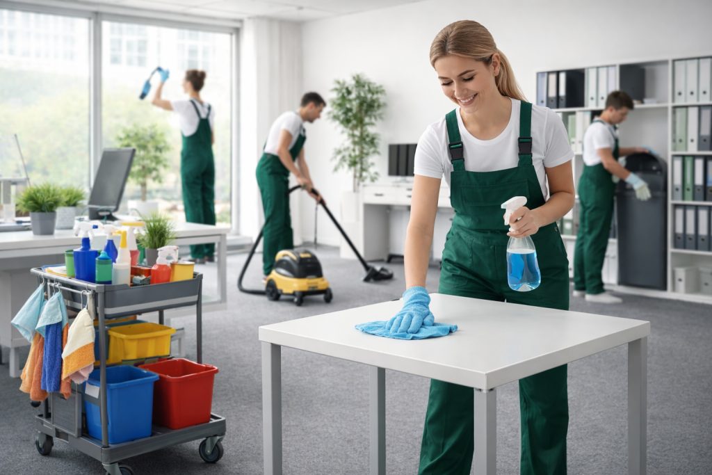 Reinigungskraft bei der Unterhaltsreinigung an Arbeitsplätzen in einem Büro