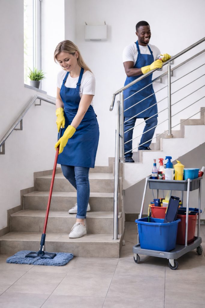 Zwei Reinigungskräfte bei der Treppenhausreinigung mit Wischmopp und Reinigungswagen